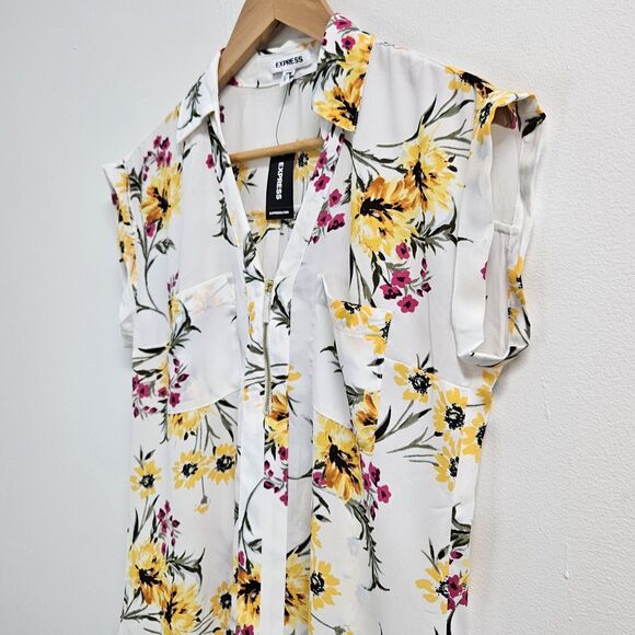 Express Shirt Women's Small White Floral Sheer Collard Top Business Casual - Picture 5 of 14